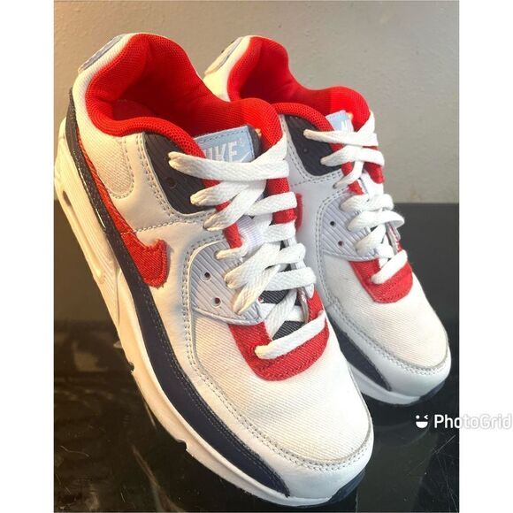 Nike Air Max 90 GS Denim Youth Low Sneaker Shoe DJ5177-100 White/Red/Blue 5Y - Picture 8 of 13